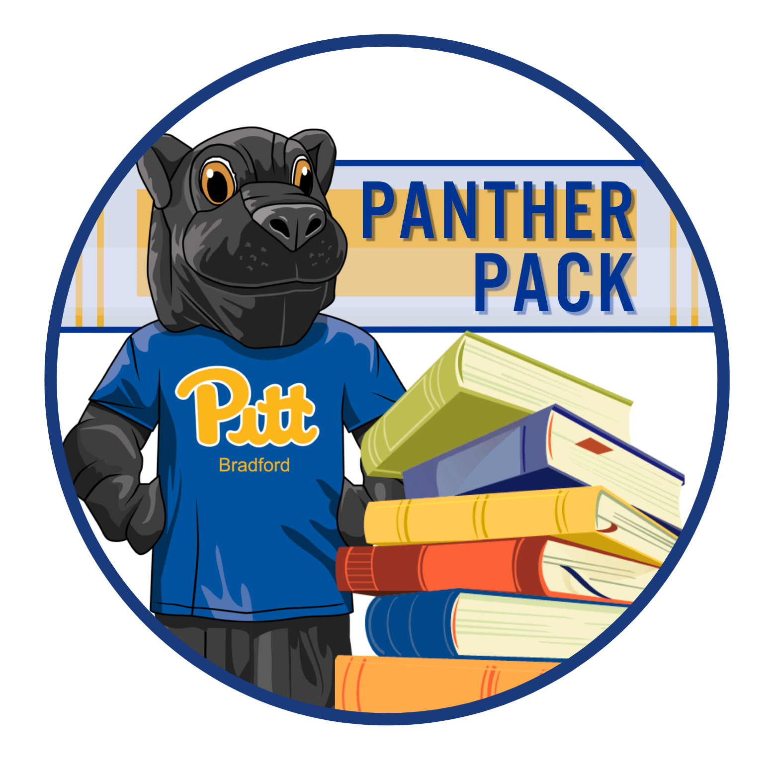 Panther pack logo with the panther mascot and a stack of textbooks
