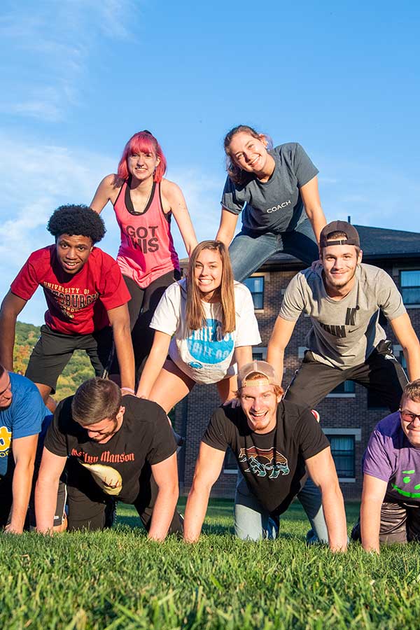 Students in a human pyramid