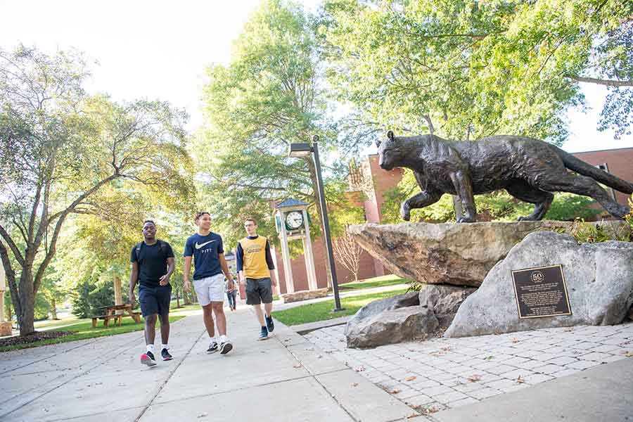 Students walking by panther statue