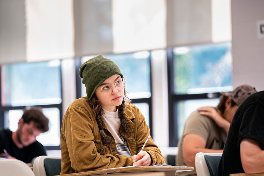 a student taking notes in class