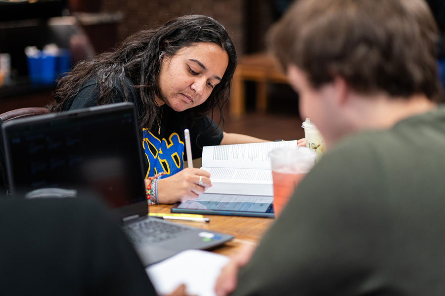 A student taking notes in the library