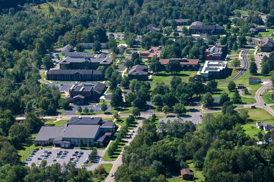 Aerial image of University of Pittsburgh at Bradford campus.