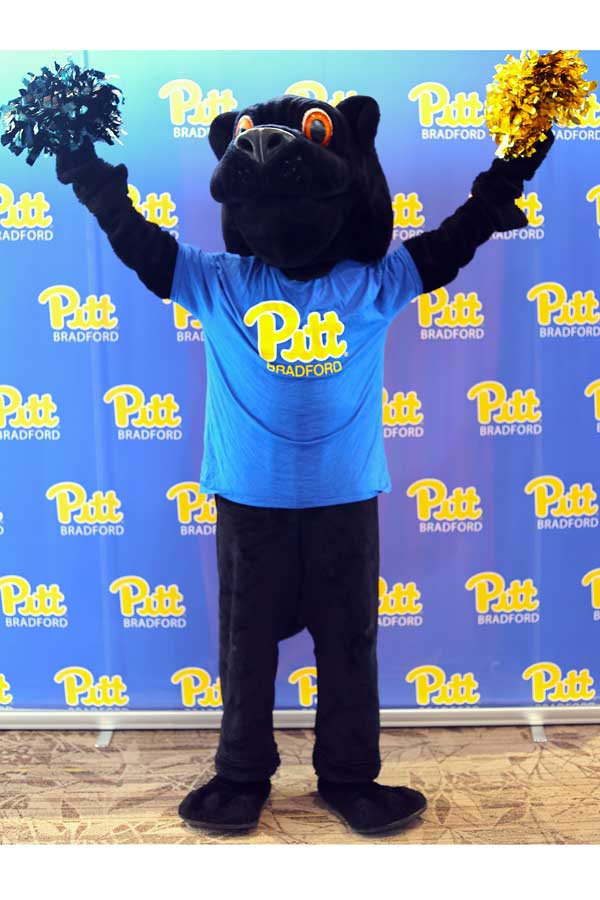 Panther mascot cheering with pom-poms in hands