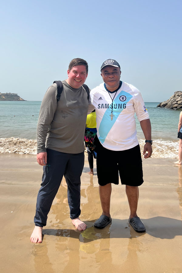 Dr. Drew Flanagan, left, and Dr. Obinna Ezeihuoma, at the beach in Senegal