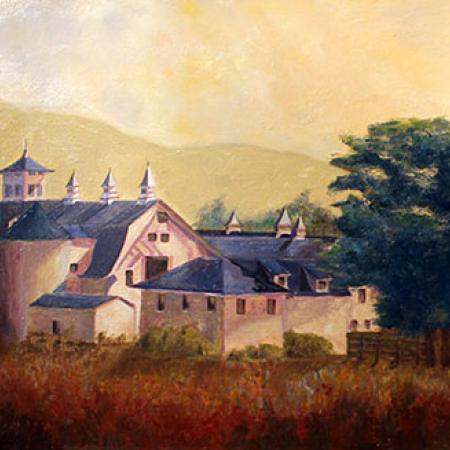 Painting of large white barn and out buildings