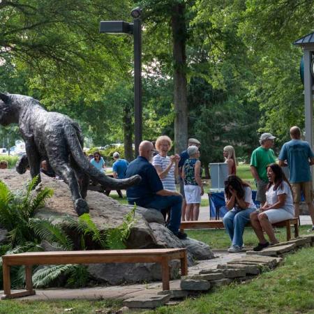 People in the quad talking during the community cookout