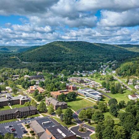 Aerial view of Pitt-Bradford on a sunny day