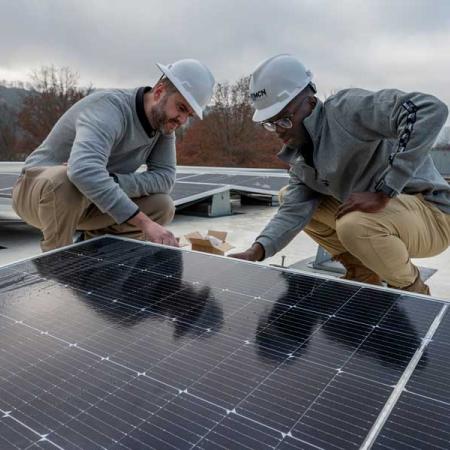 Matt Kropf and Allee Williams working on the solar panels on the roof of the Duke building
