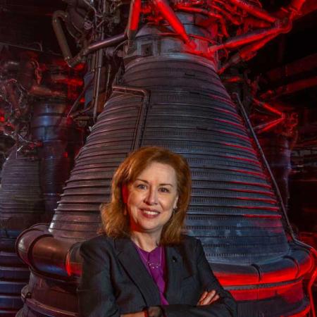 Margaret Weitekamp in front of a Sci-Fi prop