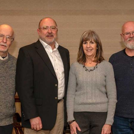 The longest-serving employees honored were, from left, Dr. David Soriano, 40 years, Bob Dilks, 35 years; Karen Strotman, 40 years; and Bill Kline, 41 years. Not pictured is Dr. Hashim Yousif, who has taught for 35 years.